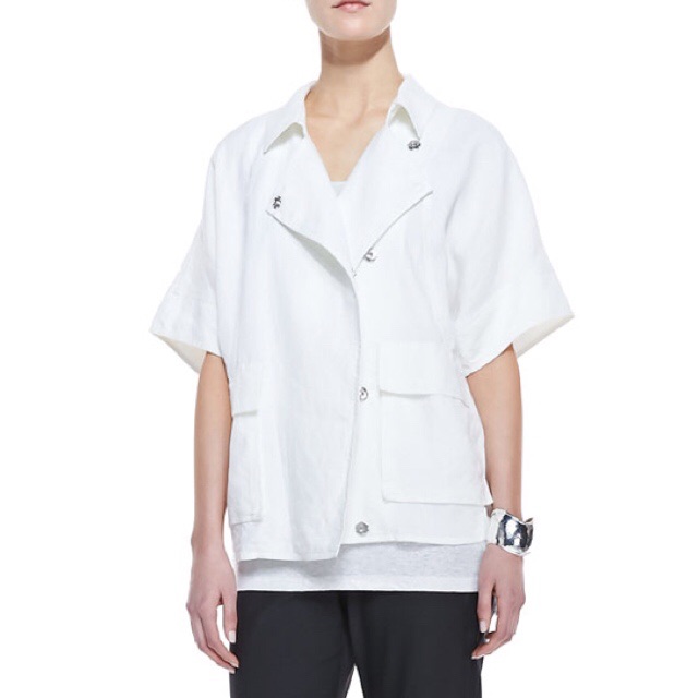 Eileen Fisher Double Breasted Organic Linen Jacket Short Sleeves White Sz S